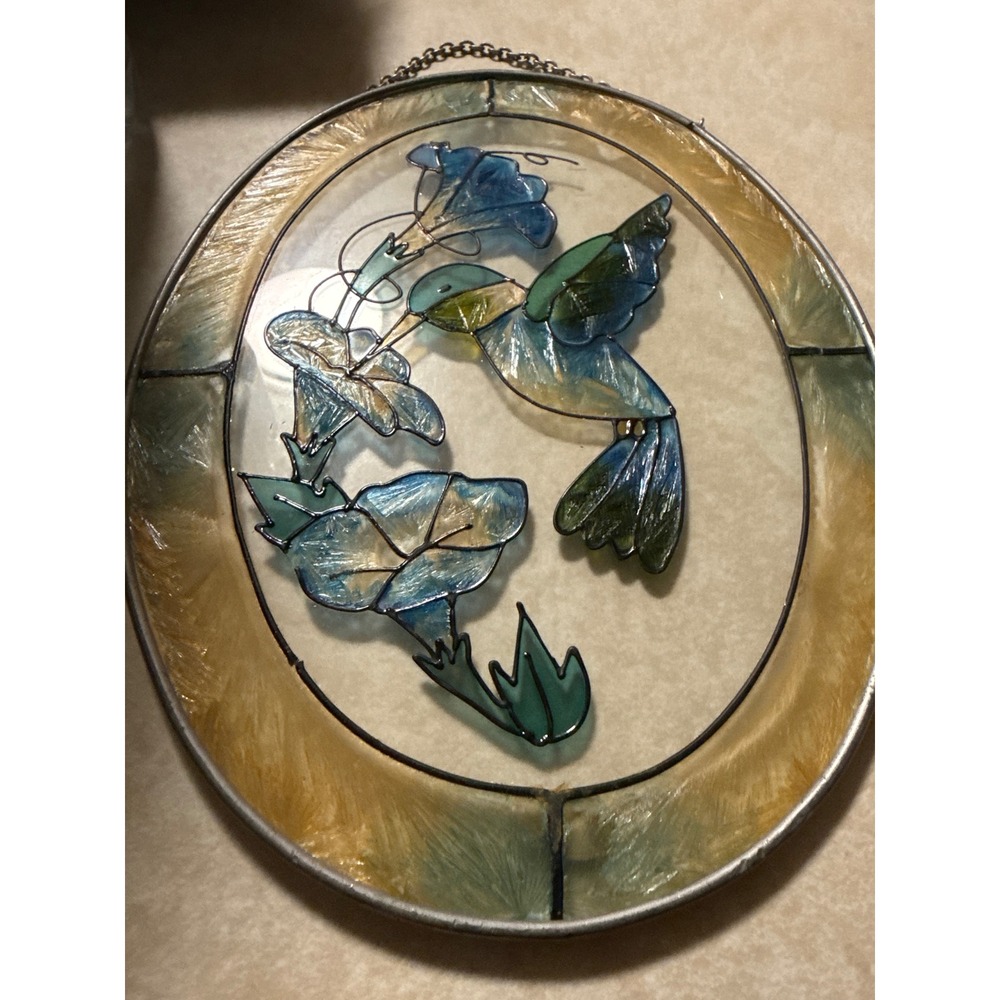 Vintage 1987 JBD Stained Glass Hummingbird Morning Glory Suncatcher Oval 87JBD